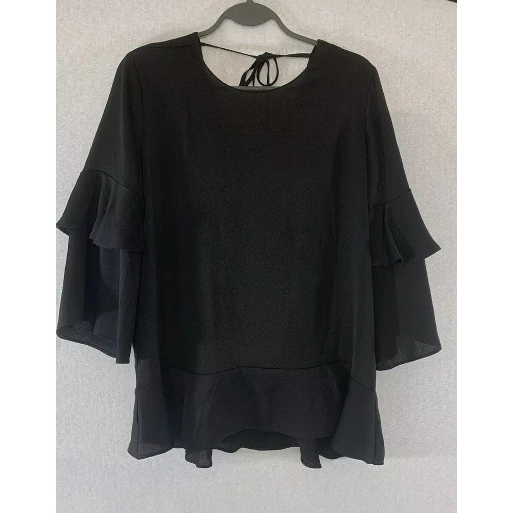 Ann Taylor Blouse Womens Small Black Ruffle Bell Sleeve Peplum Tie Back Career